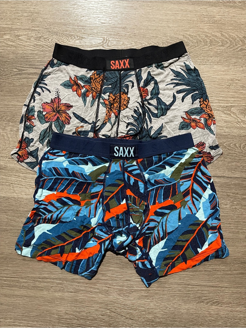 Saxx Tropical Boxer Briefs - Navy Blue, Light Blue & Gray with Orange Accents